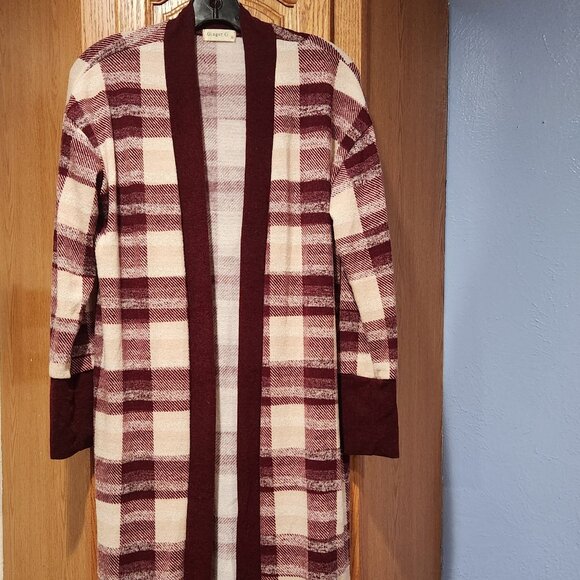 Ginger G Cardigan Sweater Womens M Burgundy Checkered Long Sleeves Open Style - Picture 5 of 9